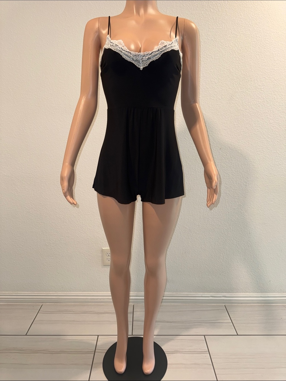 Black Lace-Trim Camisole Romper - Women Intimates